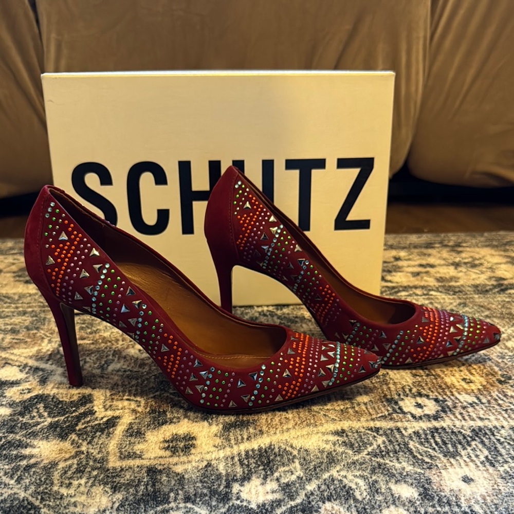 Schutz Burgandy Nubuck Embellished Mid-Heel Size 7.5